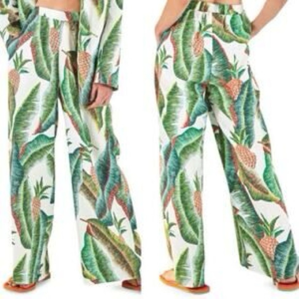 FARM Rio White Wide-Leg Pineapple & Banana Leaf Print Pants
